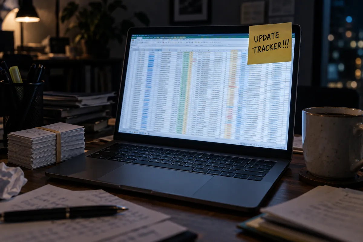 A messy spreadsheet with sticky notes